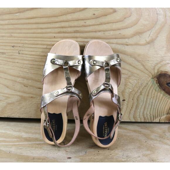 New Swedish Hasbeens Clogs 9.5 Metallic Gold 40 Rivet Wooden Platform Sandals - Picture 6 of 11